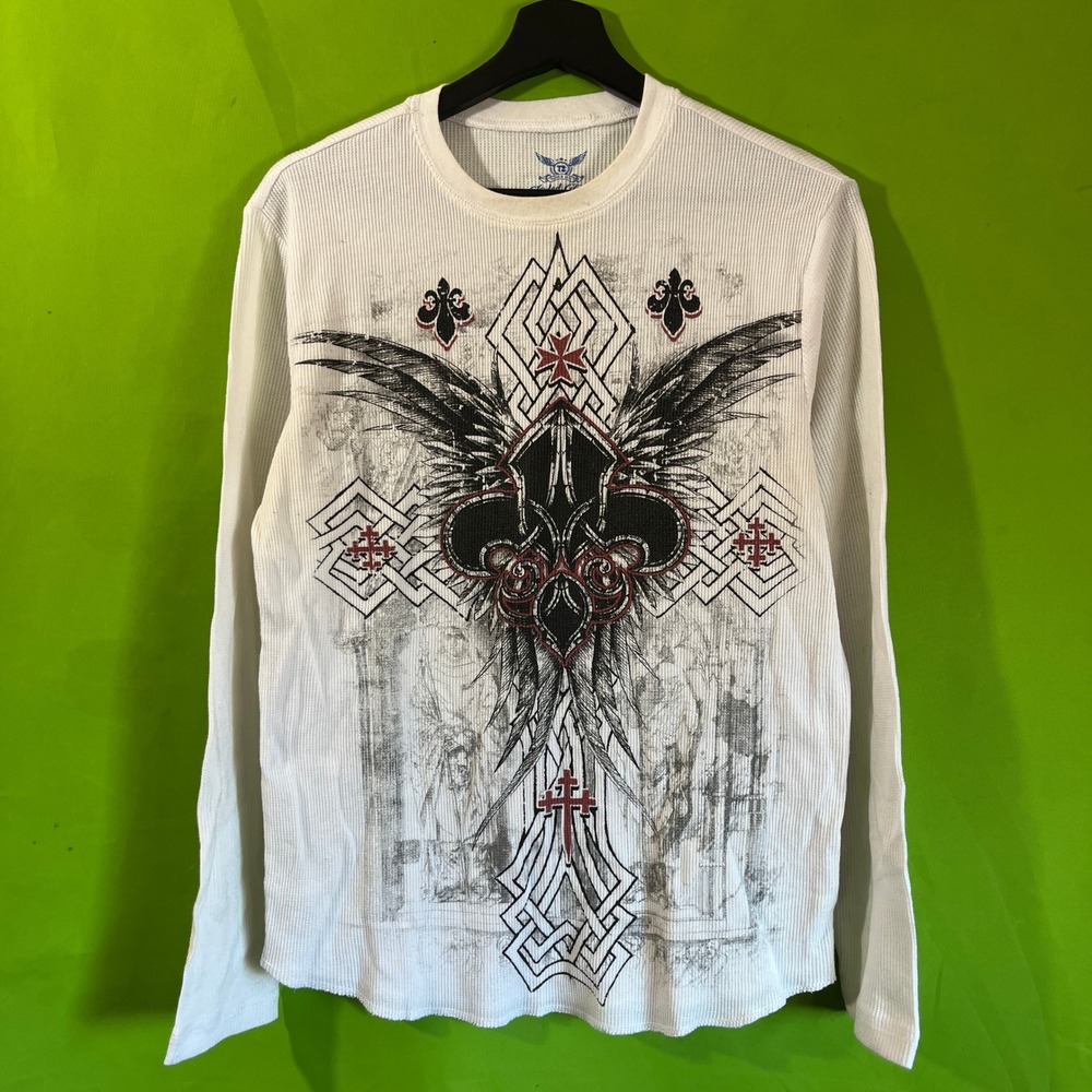 Faded Glory Mens White Thermal Graphic Long Sleeve Shirt Fleur De Lis Cross M